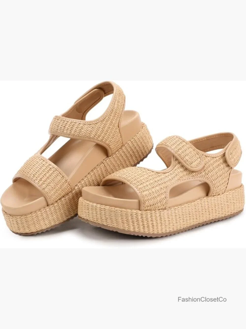 Platform Sandals with Raffia Woven Straps, Hook & Loop Closure, Chunky Sole,